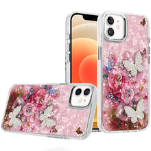 For iPhone 12, 12 Pro Case Epoxy Glitter 3D Beaded Butterflies + Tempered Glass