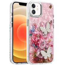 For iPhone 12, 12 Pro Case Epoxy Glitter 3D Beaded Butterflies + Tempered Glass