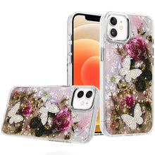For iPhone 12, 12 Pro Case Epoxy Glitter 3D Beaded Butterflies + Tempered Glass