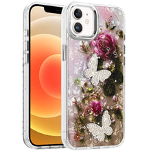 For iPhone 12, 12 Pro Case Epoxy Glitter 3D Beaded Butterflies + Tempered Glass