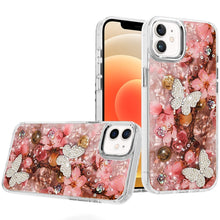 For iPhone 12, 12 Pro Case Epoxy Glitter 3D Beaded Butterflies + Tempered Glass