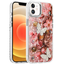 For iPhone 12, 12 Pro Case Epoxy Glitter 3D Beaded Butterflies + Tempered Glass