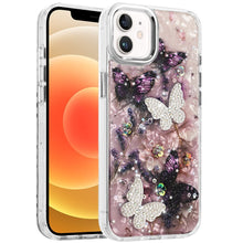 For iPhone 12, 12 Pro Case Epoxy Glitter 3D Beaded Butterflies + Tempered Glass