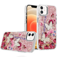 For iPhone 12, 12 Pro Case Epoxy Glitter 3D Beaded Butterflies + Tempered Glass