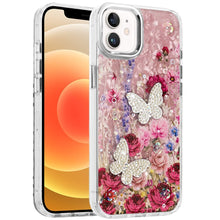 For iPhone 12, 12 Pro Case Epoxy Glitter 3D Beaded Butterflies + Tempered Glass
