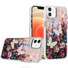 For iPhone 12, 12 Pro Case Epoxy Glitter 3D Beaded Butterflies + Tempered Glass