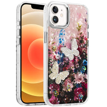 For iPhone 12, 12 Pro Case Epoxy Glitter 3D Beaded Butterflies + Tempered Glass