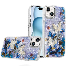 For iPhone 15 Case Epoxy Glitter with 3D Beaded Butterflies + 2 Tempered Glass