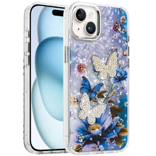 For iPhone 15 Case Epoxy Glitter with 3D Beaded Butterflies + 2 Tempered Glass