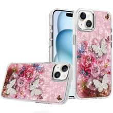 For iPhone 15 Case Epoxy Glitter with 3D Beaded Butterflies + 2 Tempered Glass