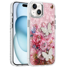 For iPhone 15 Case Epoxy Glitter with 3D Beaded Butterflies + 2 Tempered Glass