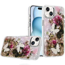 For iPhone 15 Case Epoxy Glitter with 3D Beaded Butterflies + 2 Tempered Glass