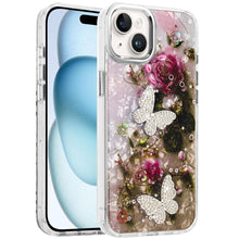 For iPhone 15 Case Epoxy Glitter with 3D Beaded Butterflies + 2 Tempered Glass