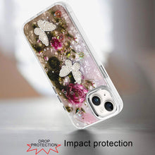 For iPhone 15 Case Epoxy Glitter with 3D Beaded Butterflies + 2 Tempered Glass
