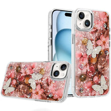 For iPhone 15 Case Epoxy Glitter with 3D Beaded Butterflies + 2 Tempered Glass