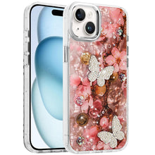 For iPhone 15 Case Epoxy Glitter with 3D Beaded Butterflies + 2 Tempered Glass