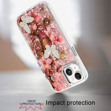 For iPhone 15 Case Epoxy Glitter with 3D Beaded Butterflies + 2 Tempered Glass