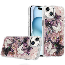 For iPhone 15 Case Epoxy Glitter with 3D Beaded Butterflies + 2 Tempered Glass