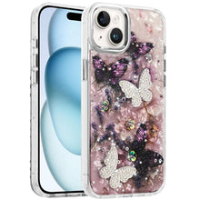 For iPhone 15 Case Epoxy Glitter with 3D Beaded Butterflies + 2 Tempered Glass