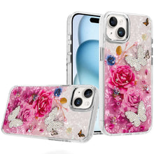 For iPhone 15 Case Epoxy Glitter with 3D Beaded Butterflies + 2 Tempered Glass