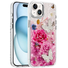 For iPhone 15 Case Epoxy Glitter with 3D Beaded Butterflies + 2 Tempered Glass