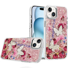 For iPhone 15 Case Epoxy Glitter with 3D Beaded Butterflies + 2 Tempered Glass