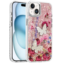For iPhone 15 Case Epoxy Glitter with 3D Beaded Butterflies + 2 Tempered Glass