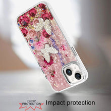 For iPhone 15 Case Epoxy Glitter with 3D Beaded Butterflies + 2 Tempered Glass