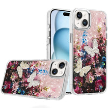 For iPhone 15 Case Epoxy Glitter with 3D Beaded Butterflies + 2 Tempered Glass