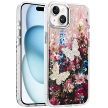 For iPhone 15 Case Epoxy Glitter with 3D Beaded Butterflies + 2 Tempered Glass