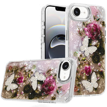 For iPhone 16e Case Epoxy Glitter with 3D Beaded Butterflies + Tempered Glass