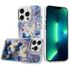 For iPhone 13 Pro Max Case Epoxy Glitter with 3D Beaded Butterflies Floral Cover
