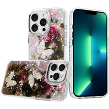 For iPhone 13 Pro Max Case Epoxy Glitter with 3D Beaded Butterflies Floral Cover