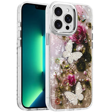 For iPhone 13 Pro Max Case Epoxy Glitter with 3D Beaded Butterflies Floral Cover