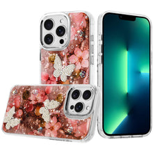 For iPhone 13 Pro Max Case Epoxy Glitter with 3D Beaded Butterflies Floral Cover