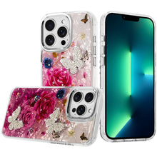 For iPhone 13 Pro Max Case Epoxy Glitter with 3D Beaded Butterflies Floral Cover