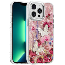 For iPhone 13 Pro Max Case Epoxy Glitter with 3D Beaded Butterflies Floral Cover