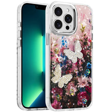 For iPhone 13 Pro Max Case Epoxy Glitter with 3D Beaded Butterflies Floral Cover