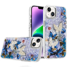 For iPhone 13/14 Case Epoxy Glitter w/ 3D Beaded Butterflies + Tempered Glass