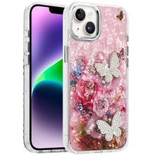For iPhone 13/14 Case Epoxy Glitter w/ 3D Beaded Butterflies + Tempered Glass