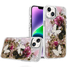 For iPhone 13/14 Case Epoxy Glitter w/ 3D Beaded Butterflies + Tempered Glass