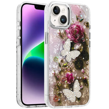 For iPhone 13/14 Case Epoxy Glitter w/ 3D Beaded Butterflies + Tempered Glass