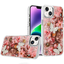 For iPhone 13/14 Case Epoxy Glitter w/ 3D Beaded Butterflies + Tempered Glass