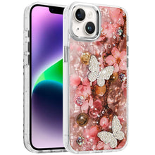 For iPhone 13/14 Case Epoxy Glitter w/ 3D Beaded Butterflies + Tempered Glass