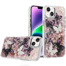 For iPhone 13/14 Case Epoxy Glitter w/ 3D Beaded Butterflies + Tempered Glass