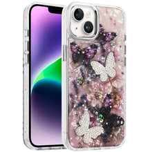 For iPhone 13/14 Case Epoxy Glitter w/ 3D Beaded Butterflies + Tempered Glass