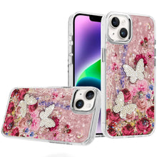 For iPhone 13/14 Case Epoxy Glitter w/ 3D Beaded Butterflies + Tempered Glass