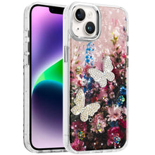 For iPhone 13/14 Case Epoxy Glitter w/ 3D Beaded Butterflies + Tempered Glass