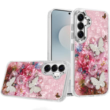 For Samsung S26 6.3" Case Epoxy Glitter 3D Beaded Butterflies + Tempered Glass