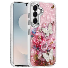 For Samsung S26 6.3" Case Epoxy Glitter 3D Beaded Butterflies + Tempered Glass